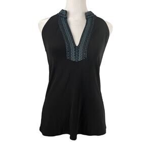 White House Black Market XS Sleeveless Halter Top Beaded Embroidered V-neck Blac